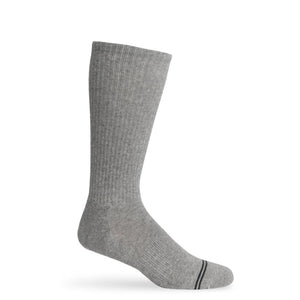 Grey casual crew athletic lounger sock with light blue double stripe across toe laid out flat