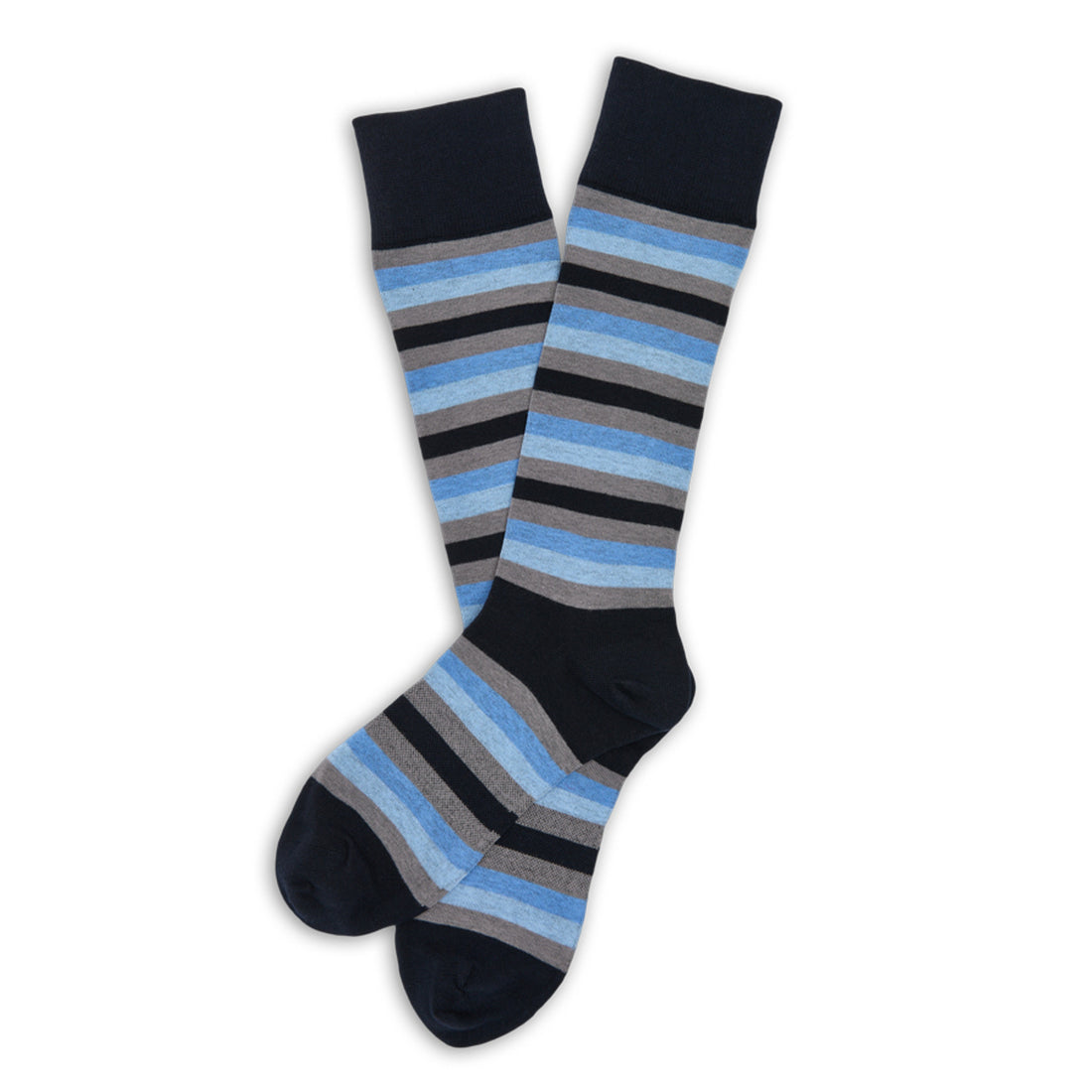 Stripe dress socks with shades of blue and grey laid flat