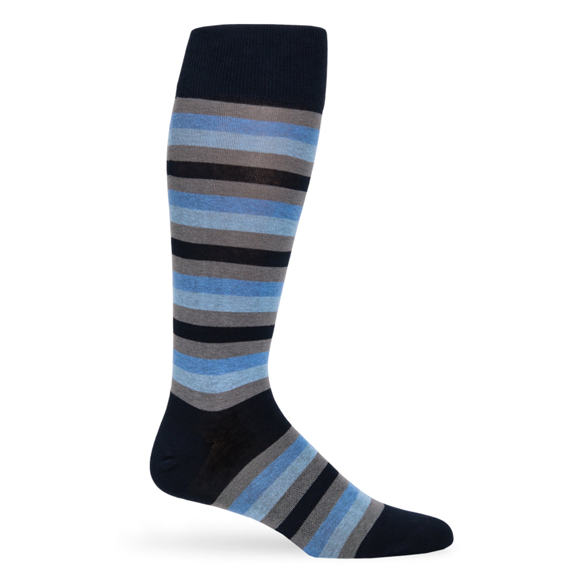 Stripe dress socks with shades of blue and grey on mannequin