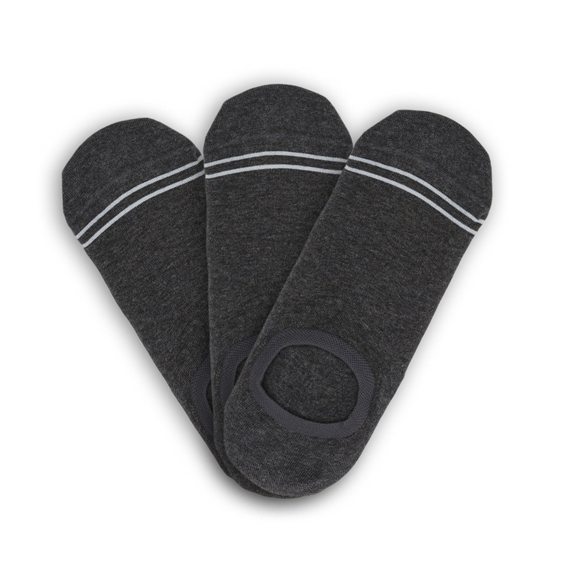 3-Pack of Charcoal No-Show Socks designed for an invisible fit and guaranteed heel support, perfect for pairing with casual sneakers.