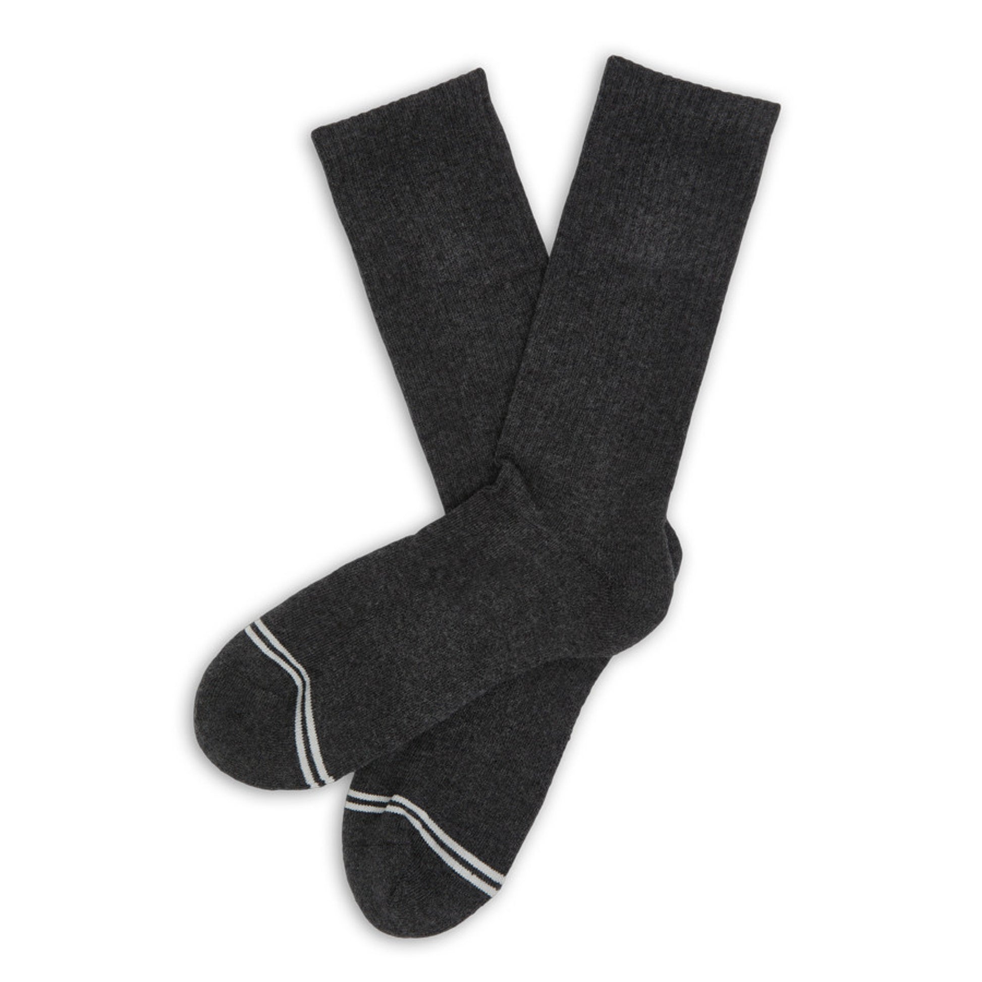 Charcoal casual crew athletic lounger sock on mannequin with light grey double stripe across toe