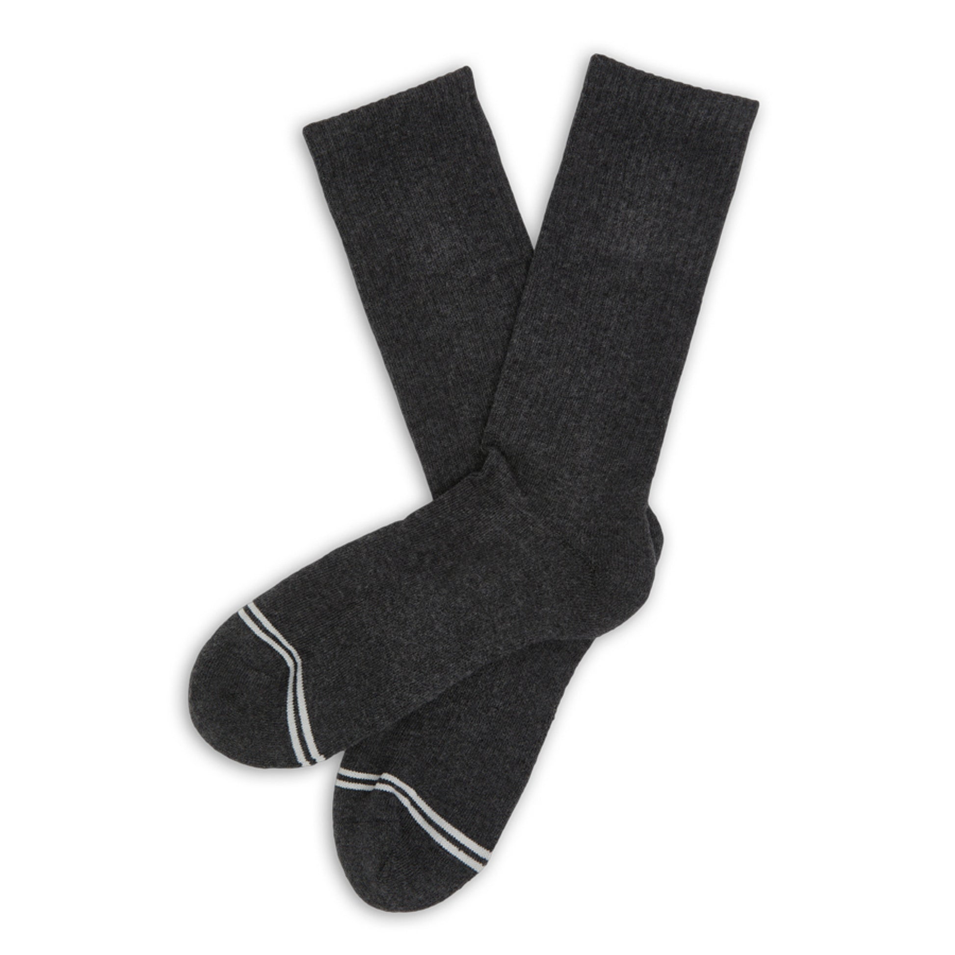 Charcoal casual crew athletic lounger sock with light grey double stripe across toe laid out flat