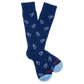Navy dress sock with flying clipboards and HYDR on the toe shown on a mannequin.
