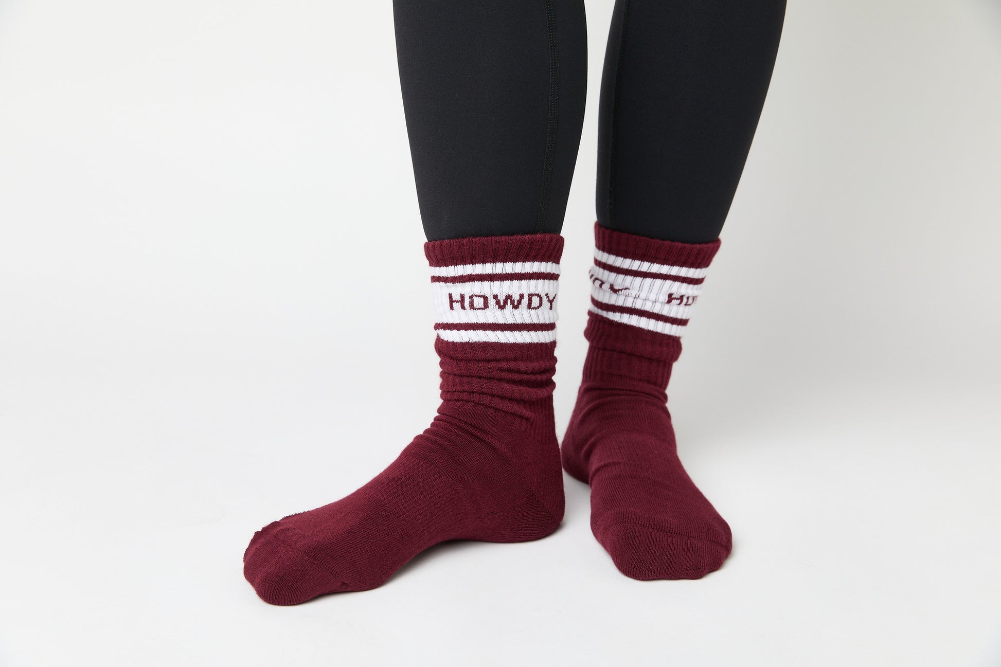 Maroon Casual Crew Socks with white retro stripes and ' Howdy ' text on the leg.