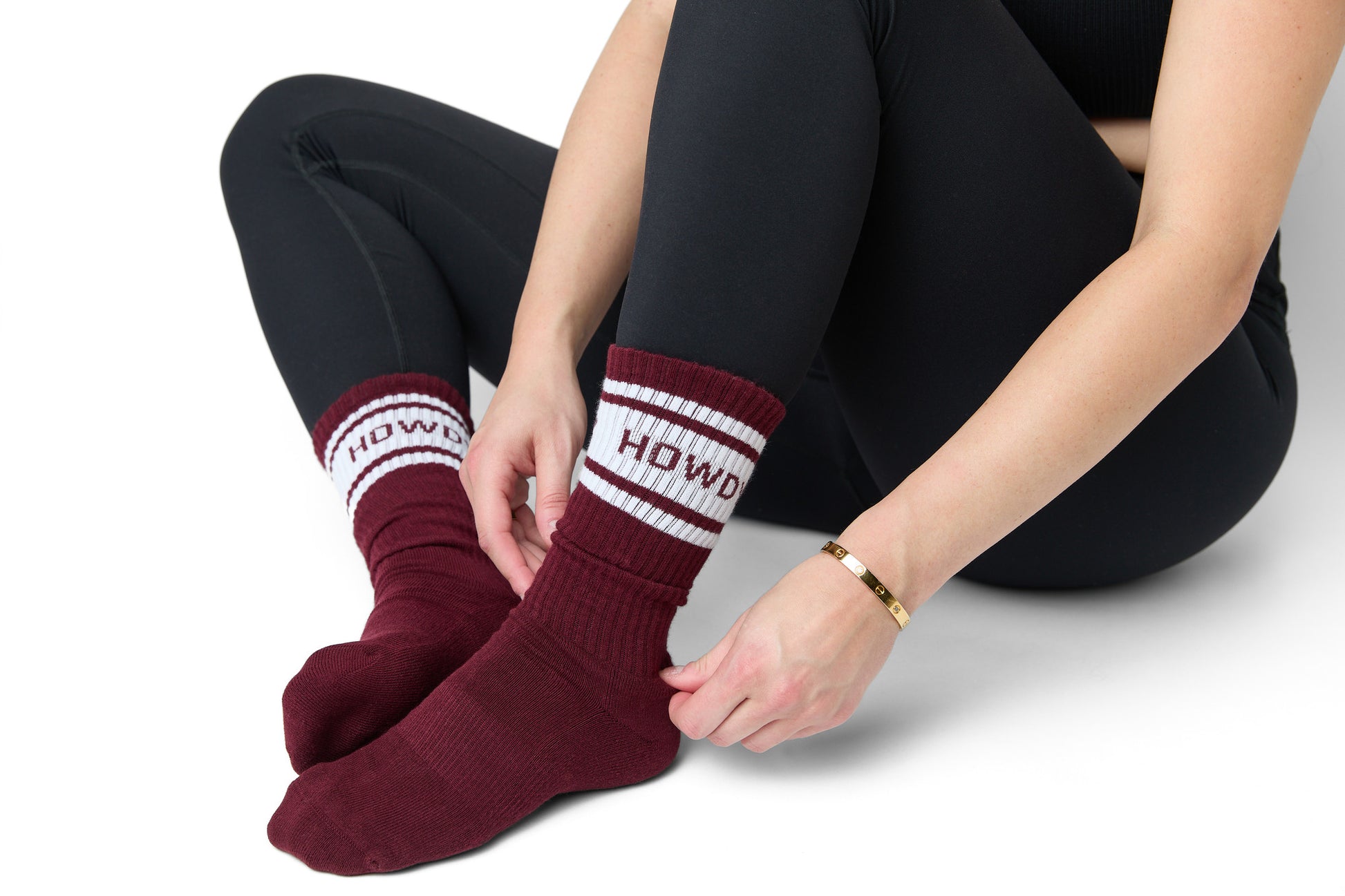 Maroon Retro Stripe Casual Crew Socks with Howdy text on the leg.