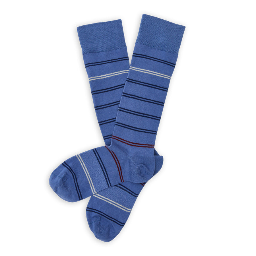 DeadSoxy Colton Cotton Dress Socks flat lay showing a cornflower-blue base with fine navy, cream and burgundy stripes