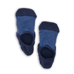 Cooper no-show socks laid flat, showing navy with a blue checkered pattern