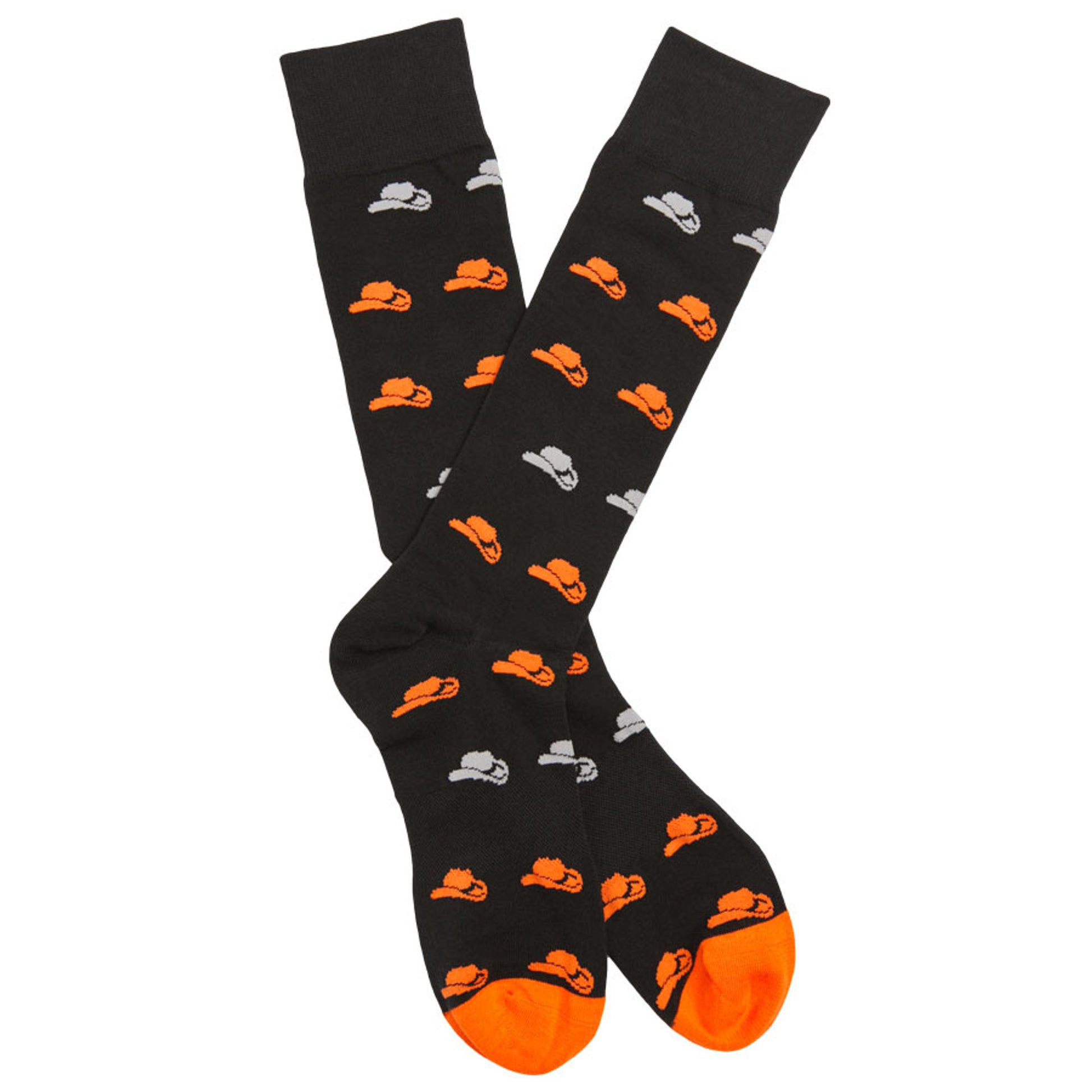 Orange and black Oklahoma dress socks with cowboy hats shown laid out flat and crossed at the heel.