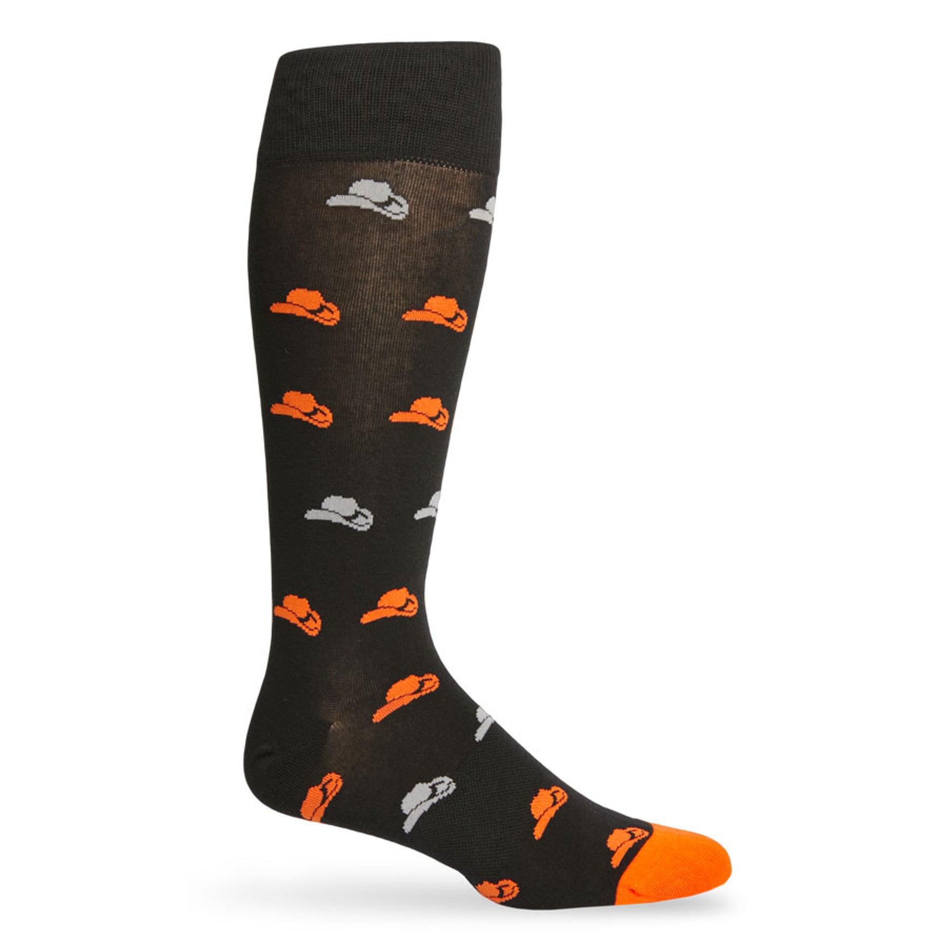 Orange and black Oklahoma dress socks with cowboy hats shown on a mannequin.