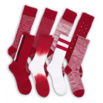 8 pairs of crimson and white socks with various designs