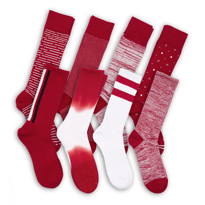 8 pairs of crimson and white socks with various designs