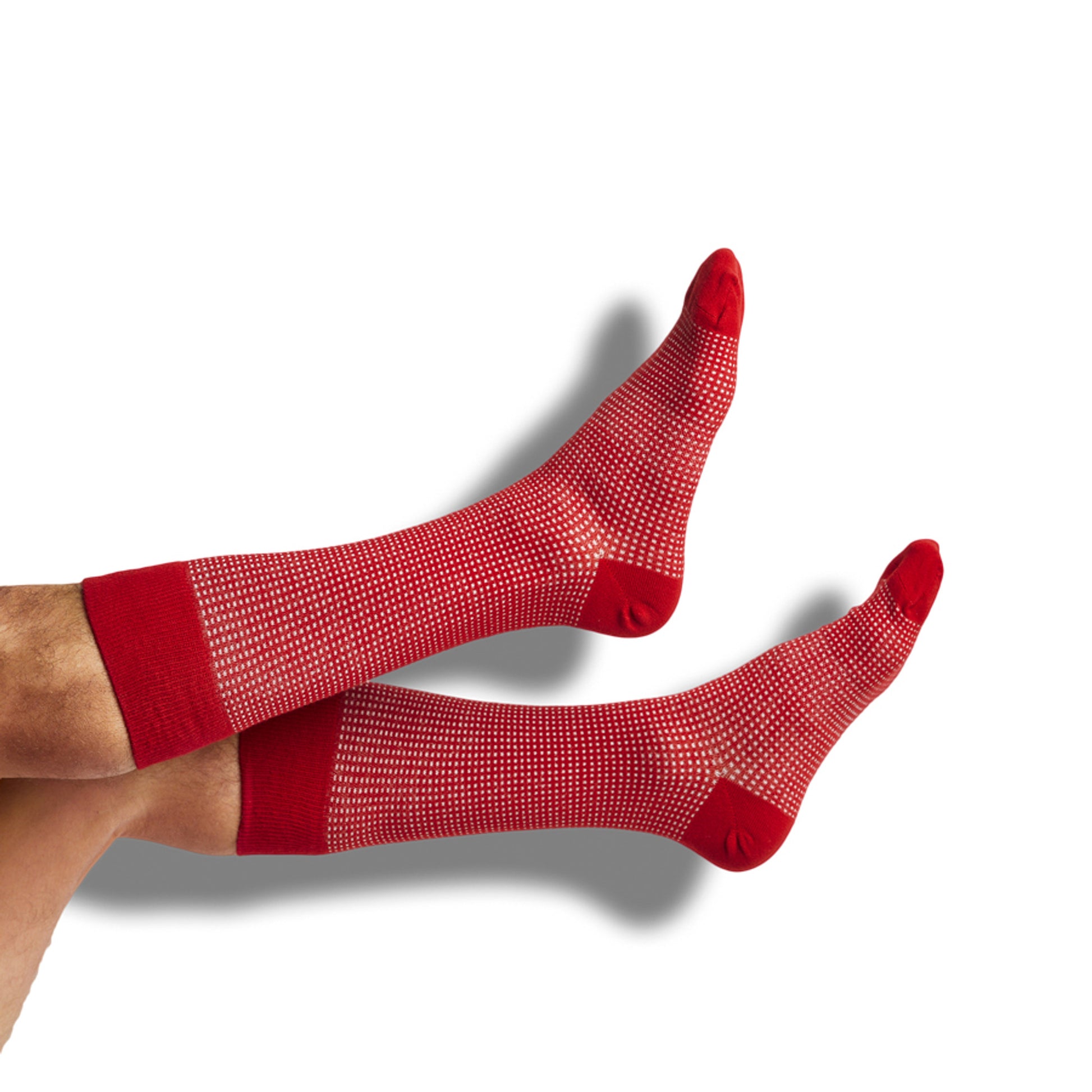 crimson and white birdseye dress socks shown on legs
