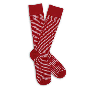crimson dress socks with white broken stripe design lay flat
