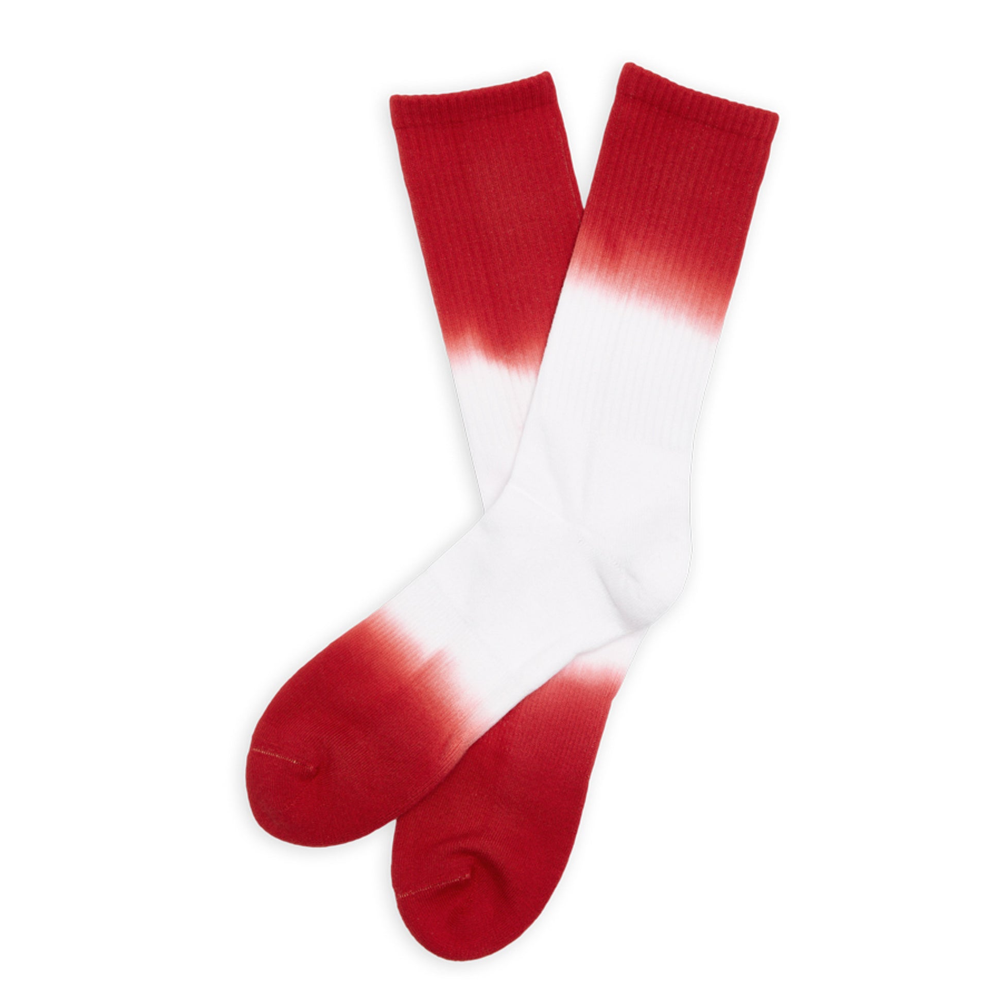 white casual socks with dip-dyed design on the leg and toe in crimson color