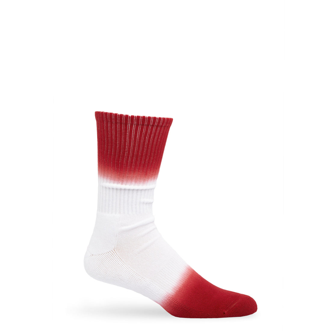 white casual socks with crimson dip-dyed design on the leg and toe