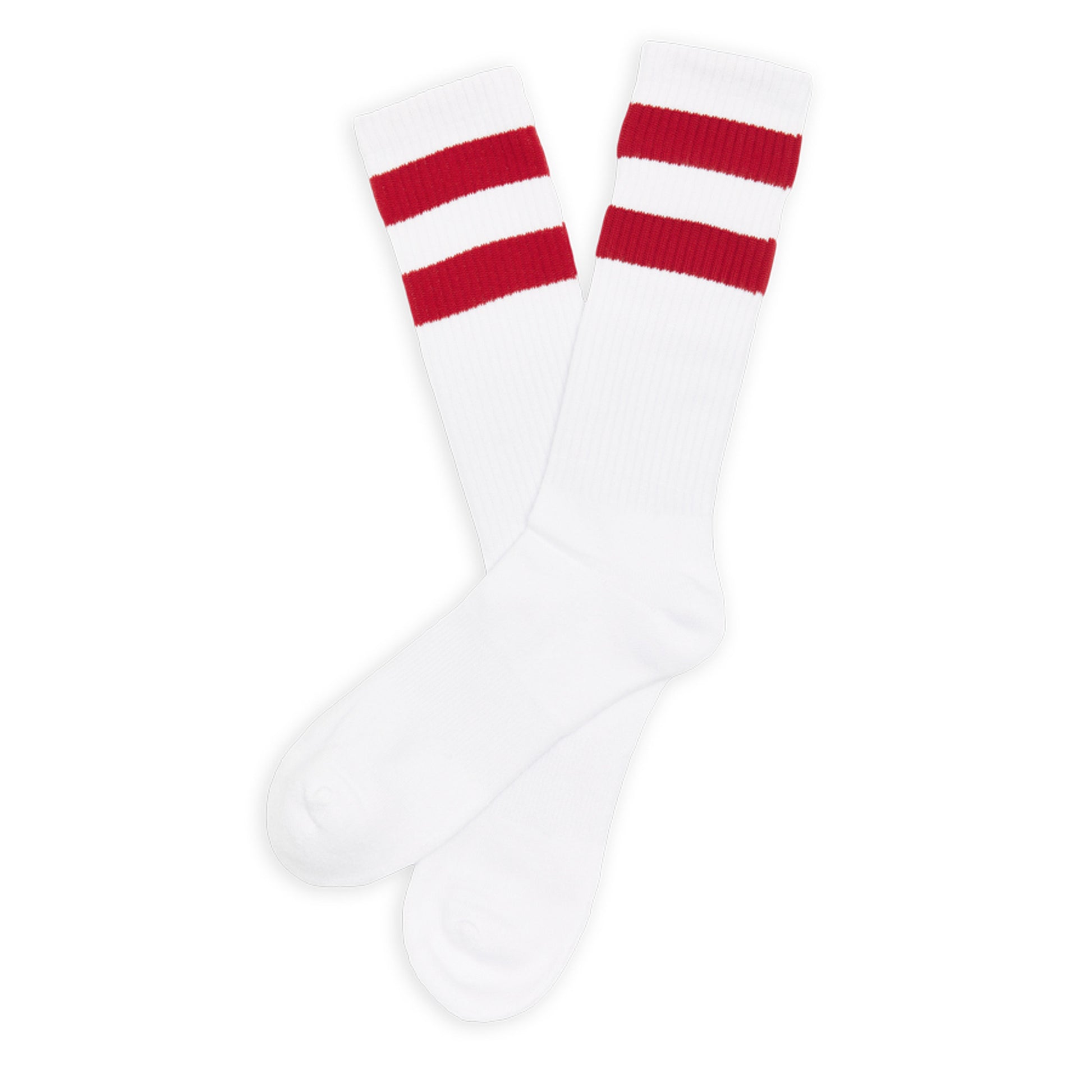 white casual socks with 2 retro stripes in crimson color laid out flat