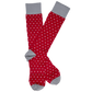 Lay flat dress socks in red with grey and white polka dots with grey for the toe, heel, and hem.