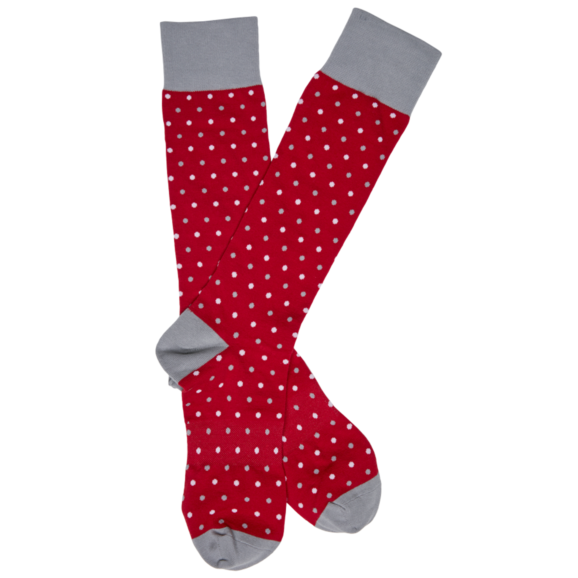 Lay flat dress socks in red with grey and white polka dots with grey for the toe, heel, and hem.