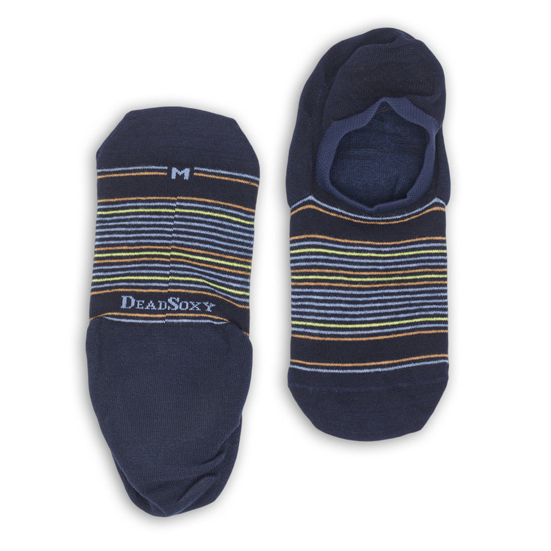 navy liner no show socks with stripe designs in blue, yellow, and orange laid out flat