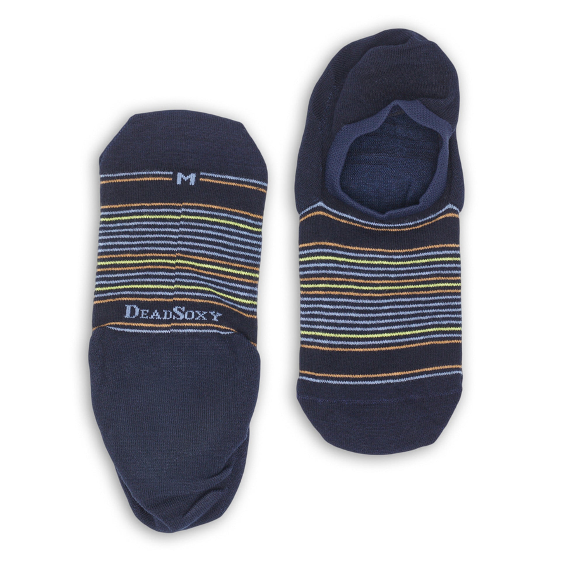 navy invisible liner socks with stripes laid out flat
