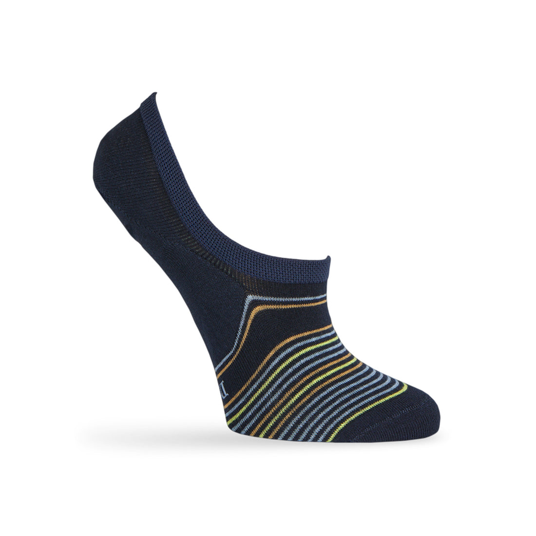 navy invisible no show socks for women with stripe designs in blue, yellow, and orange.