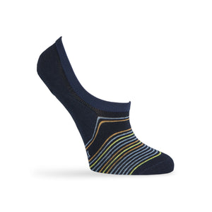 navy invisible no show socks for women with stripe designs in blue, yellow, and orange.