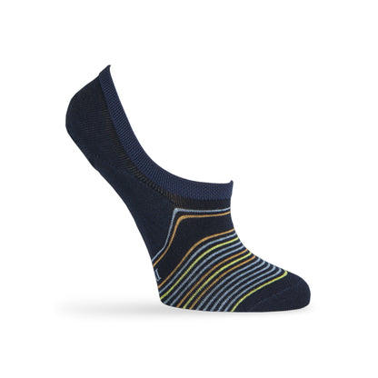 navy invisible no show socks for women with stripe designs in blue, yellow, and orange.