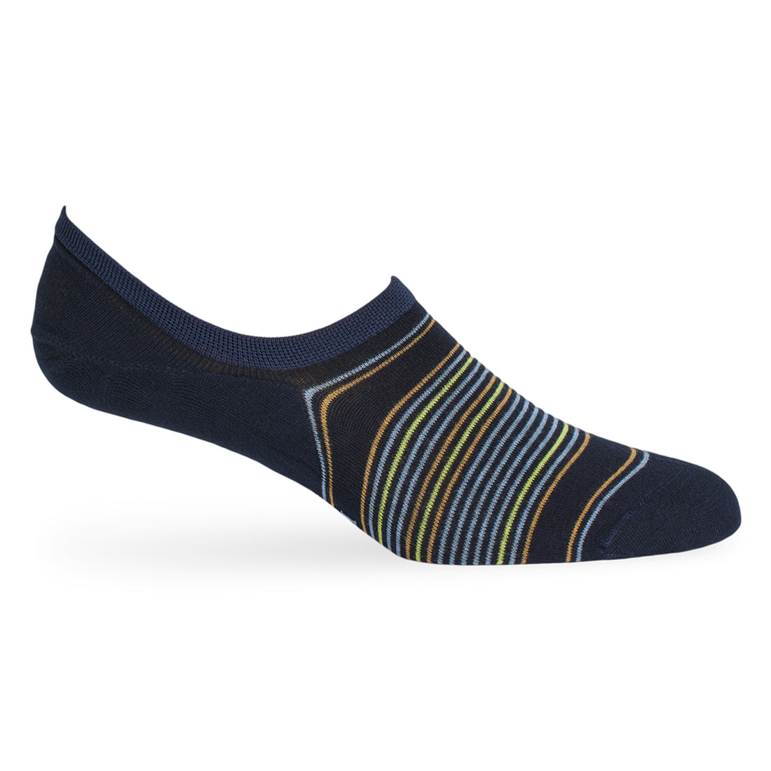 navy invisible no show socks with stripe designs in blue, yellow, and orange.