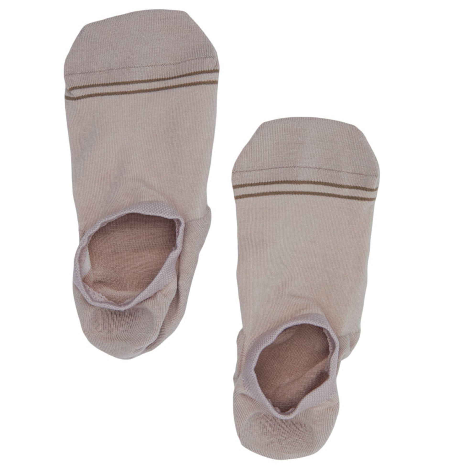 A solid beige cotton no show socks laid out flat