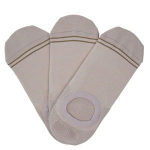 3 solid beige no show socks with two accent lines around the toe.