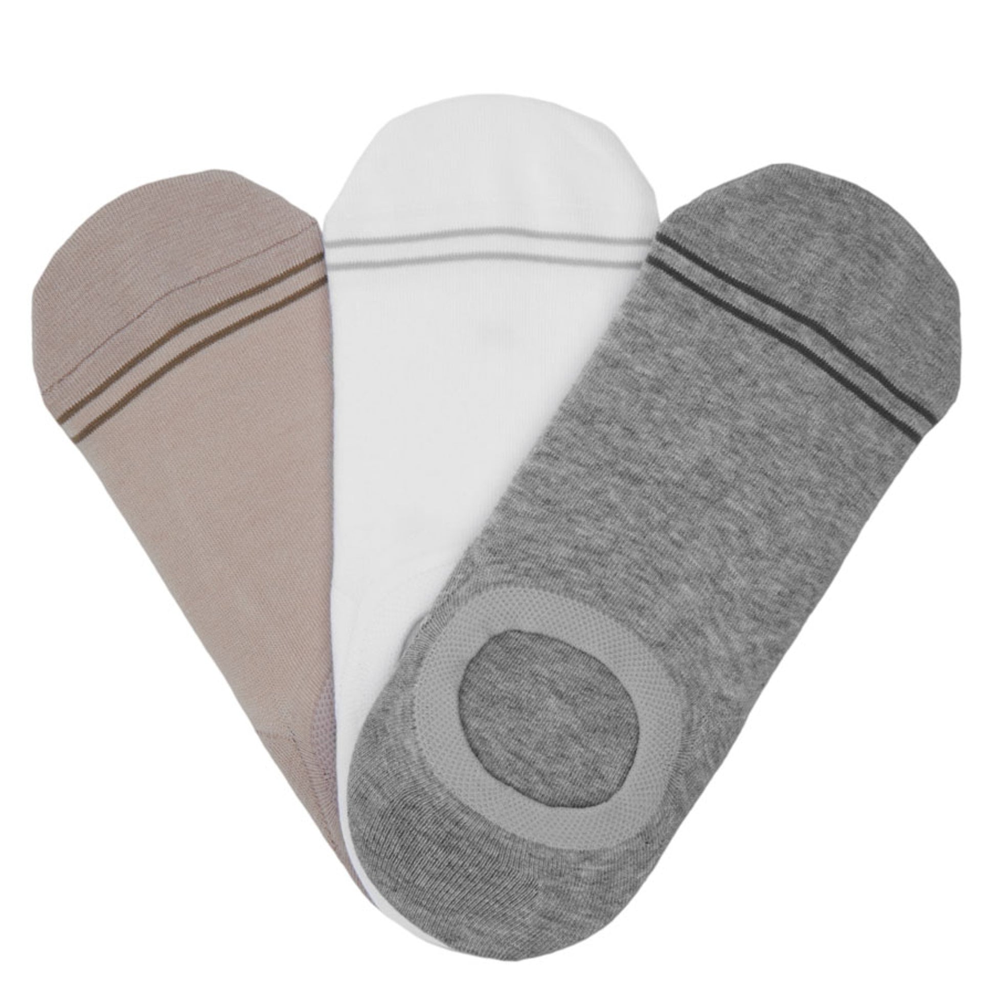 3 solid no show socks in beige, white, and grey with two accent lines around the toe.
