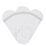 3 solid white no show socks with two accent lines around the toe.
