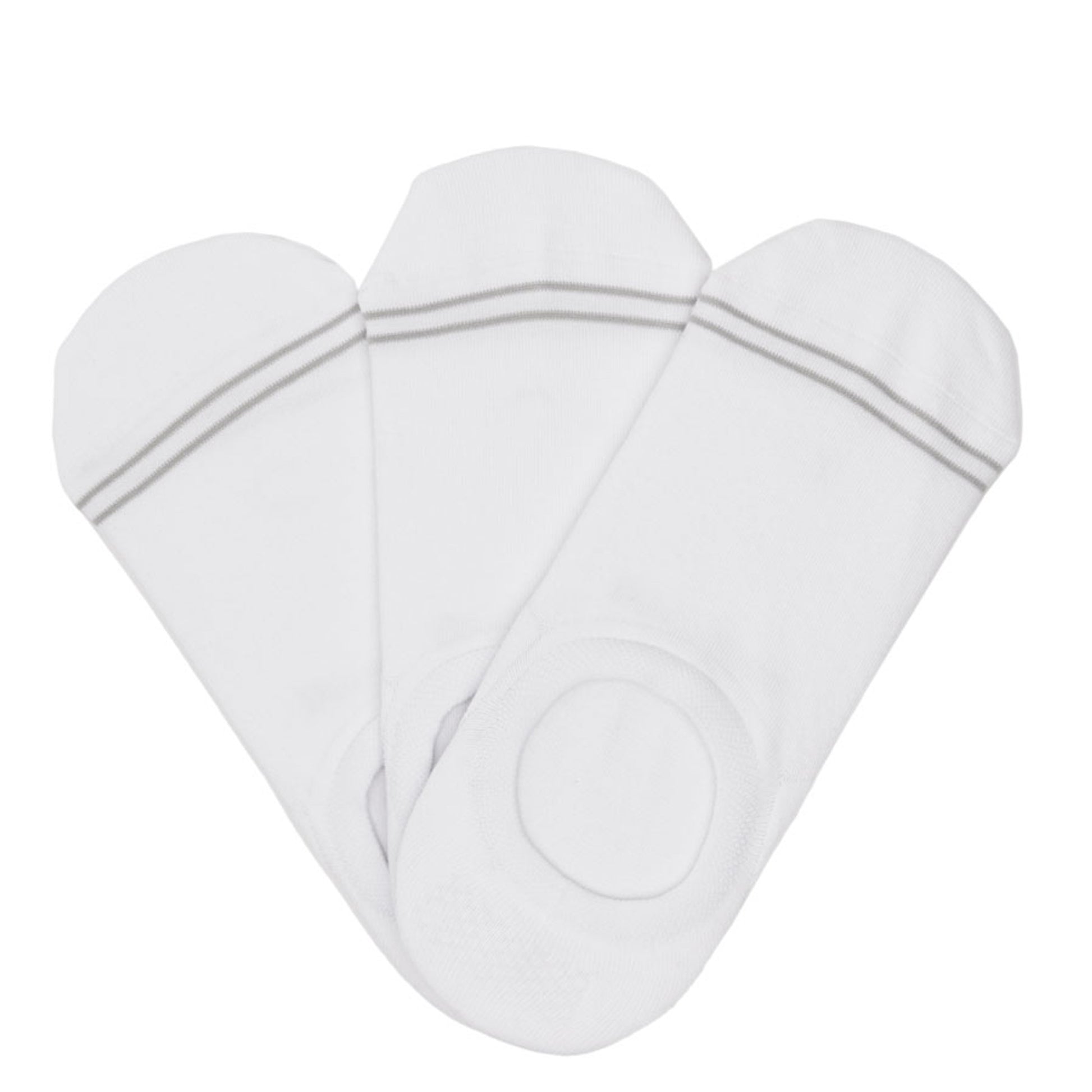 3 solid white no show socks with two accent lines around the toe.