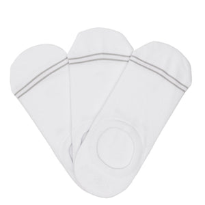 3 solid white no show socks with two accent lines around the toe.