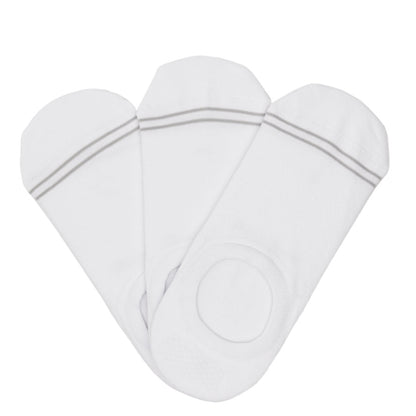 3 solid white no show socks with two accent lines around the toe.