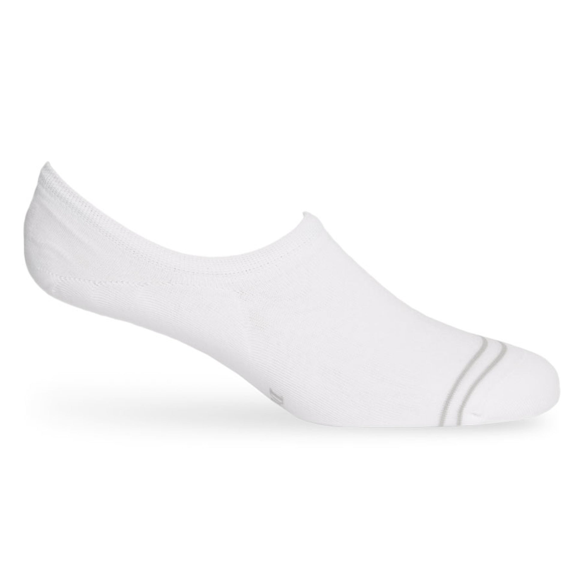 A solid white cotton no show sock on a mannequin.