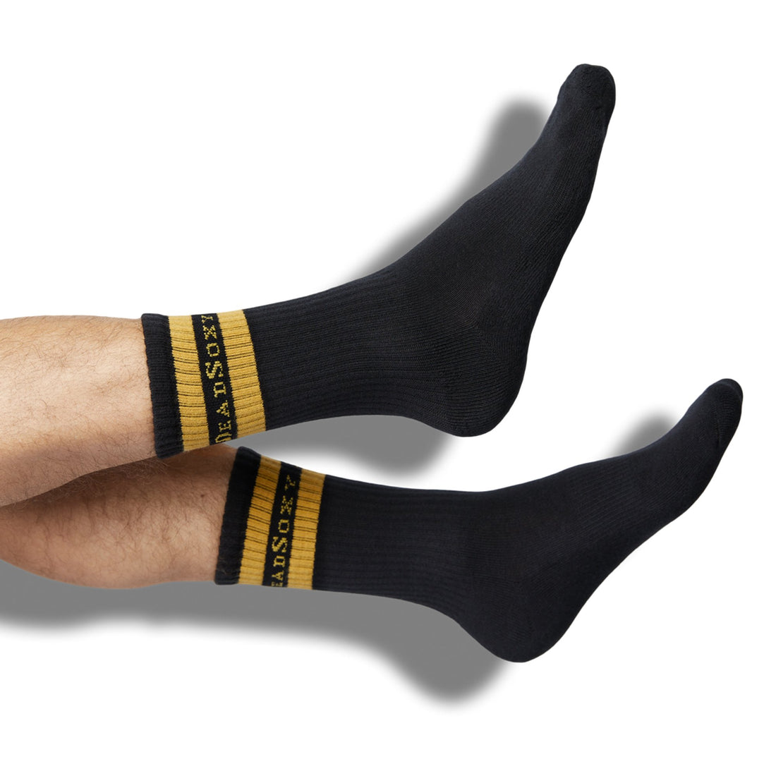 Wear DeadSoxy Branded Athletic Black Casual Crew Socks with gold retro stripe