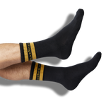 Wear DeadSoxy Branded Athletic Black Casual Crew Socks with gold retro stripe
