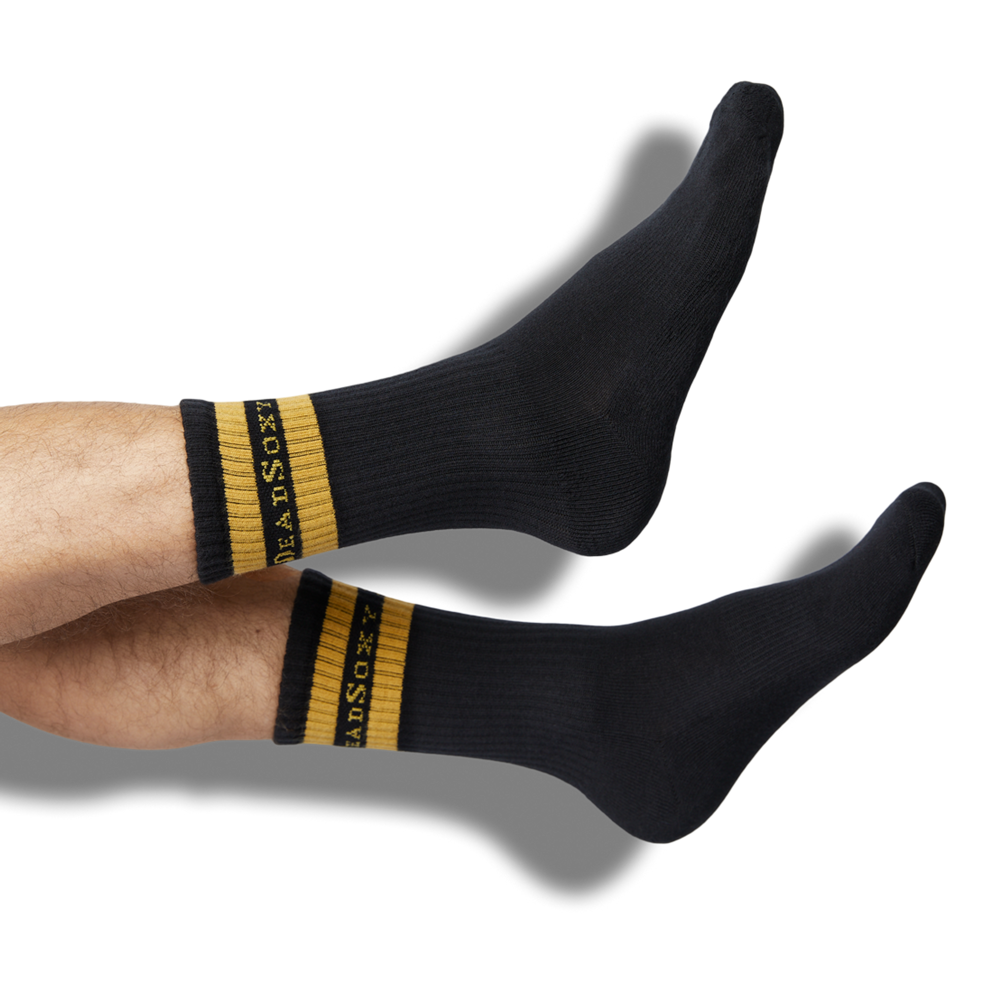 Wear DeadSoxy Branded Athletic Black Casual Crew Socks with gold retro stripe