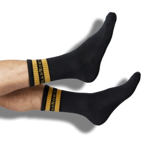 Wear DeadSoxy Branded Athletic Black Casual Crew Socks with gold retro stripe