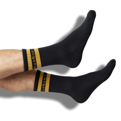 Wear DeadSoxy Branded Athletic Black Casual Crew Socks with gold retro stripe