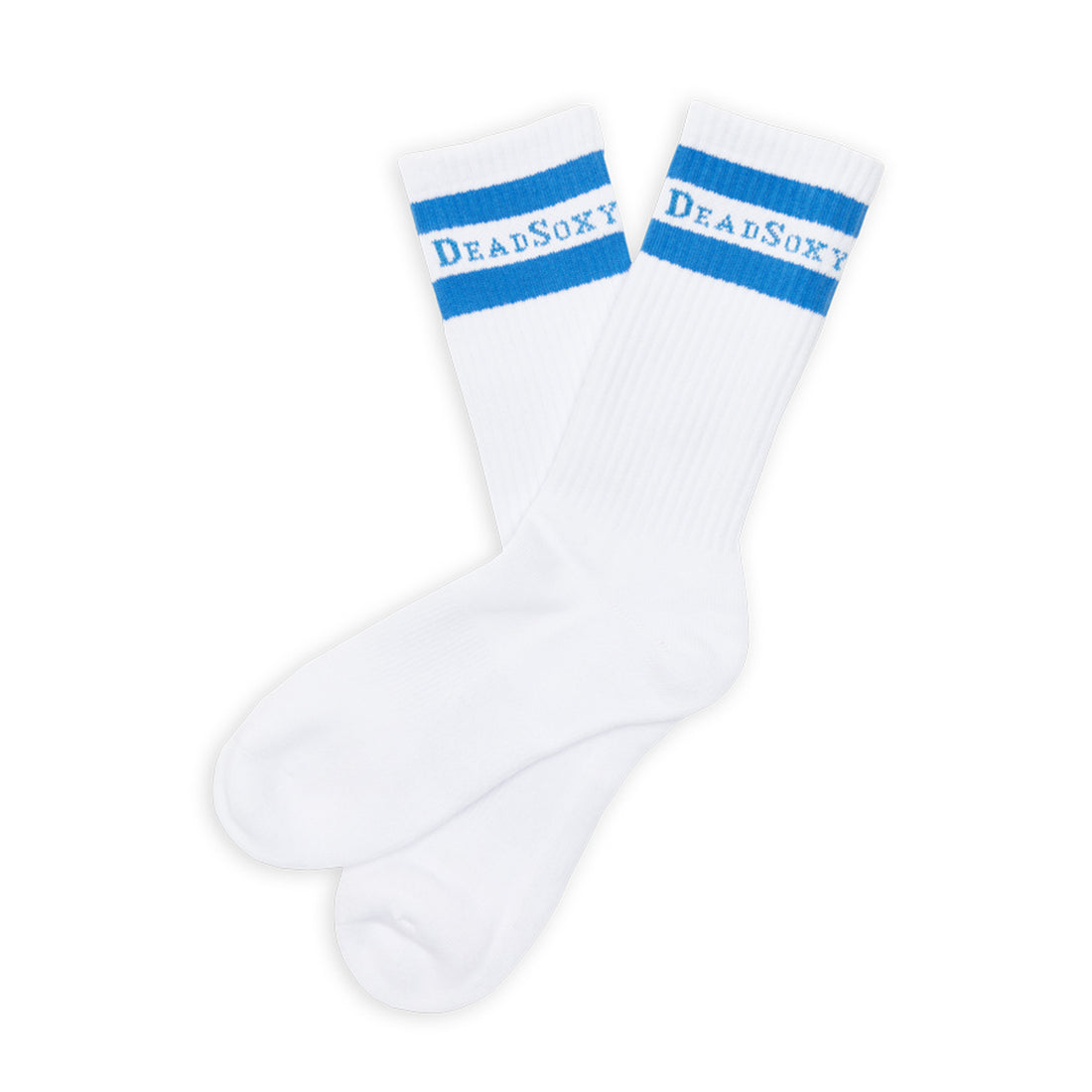 White and Blue casual socks with retro stripe and DeadSoxy on the welt