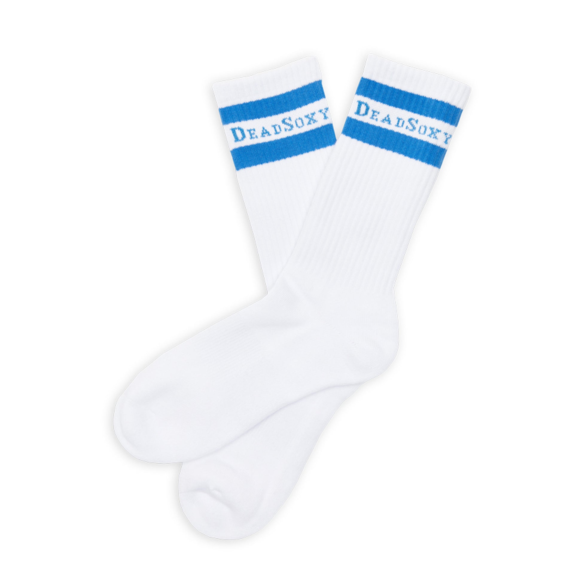 White and Blue casual socks with retro stripe and DeadSoxy on the welt