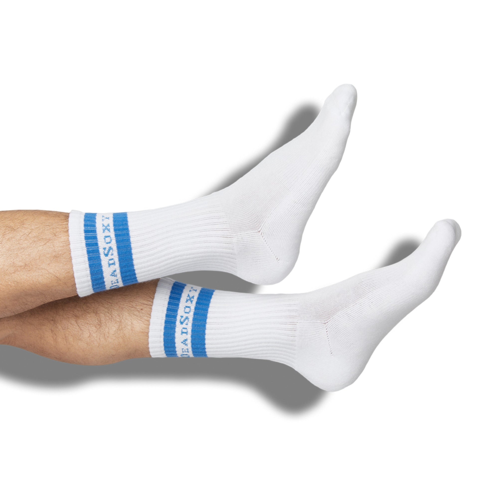 White and Blue casual socks with retro stripe and DeadSoxy on the welt shown on legs