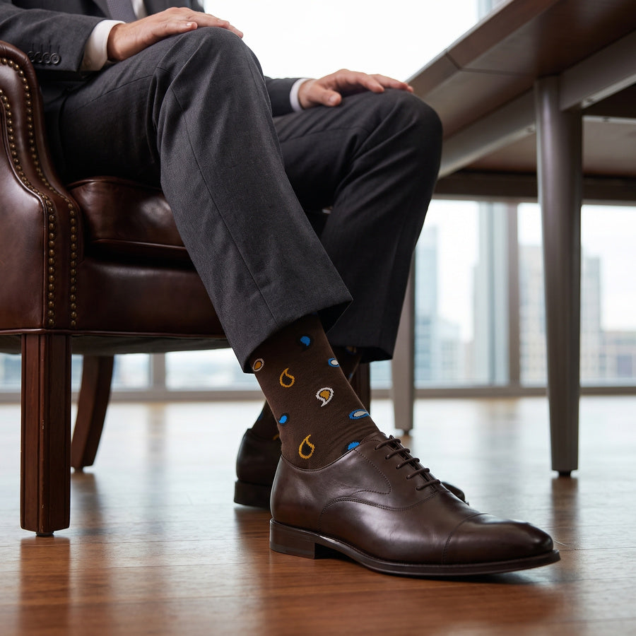 DeadSoxy Briggs cotton dress socks styled with dress shoes in a seated business setting