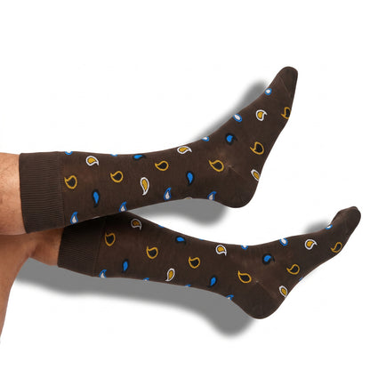 DeadSoxy Briggs cotton dress socks worn on leg, showing the Fall 2026 pattern and fit
