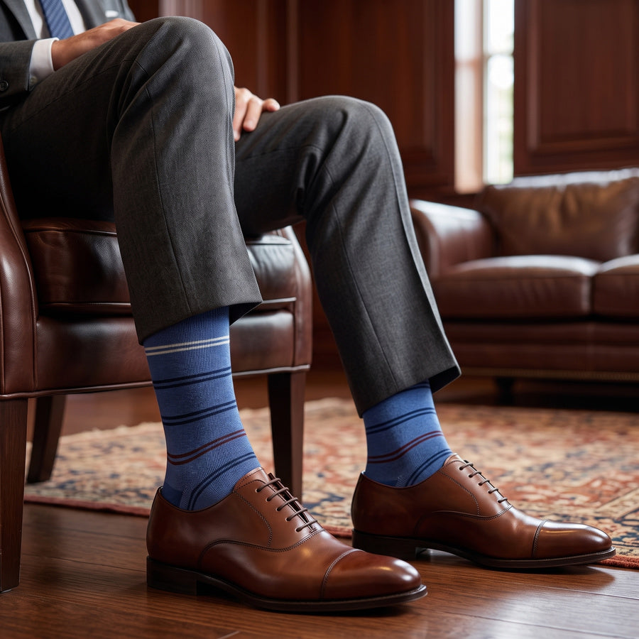 DeadSoxy Colton cotton dress socks styled with dress shoes in a seated business setting