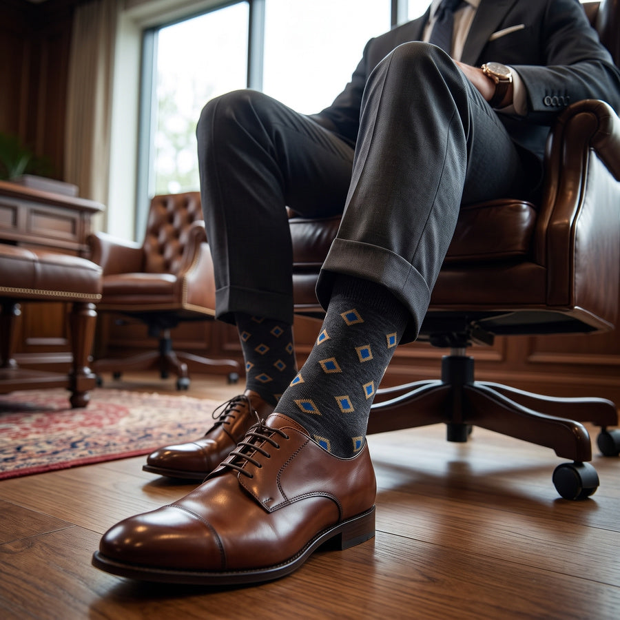 DeadSoxy Gerald cotton dress socks styled with dress shoes in a seated business setting