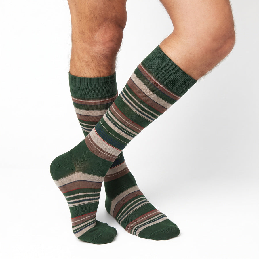 DeadSoxy Hayes cotton dress socks worn on leg in an alternate crossed-leg view