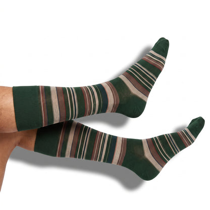 DeadSoxy Hayes cotton dress socks worn on leg, showing the Fall 2026 pattern and fit